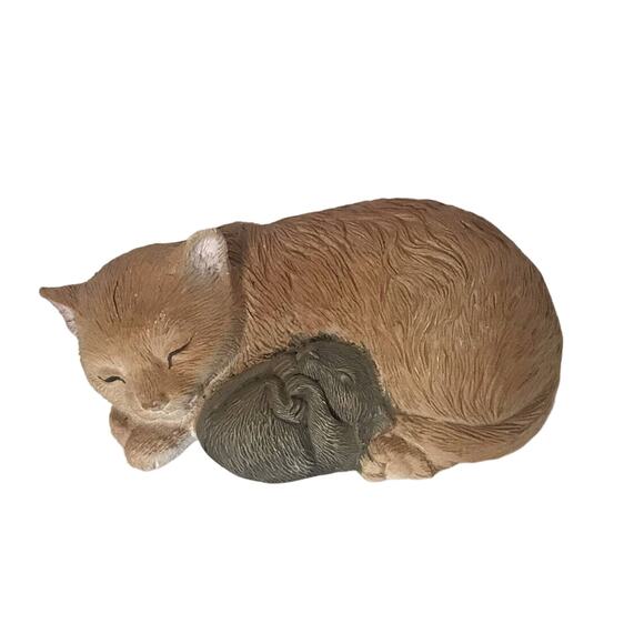 Vintage Sleeping Cat and Mouse Wicker Basket Figurine Plaid Cushion Kitten - Picture 3 of 11